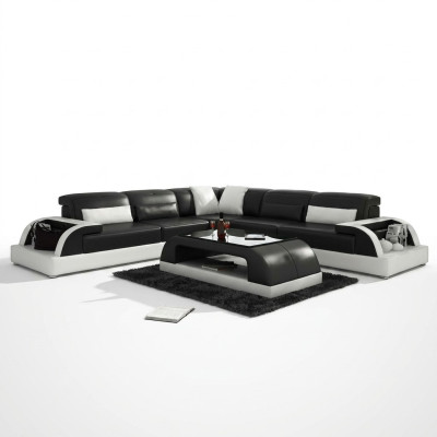 Narożnikowa kanapa L-shape + stolik kawowy Sofa Couch Design Szara Podkładka Skóra