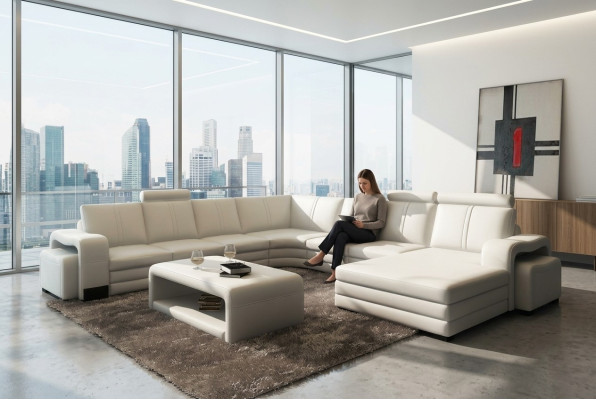 Narożnikowa kanapa Kształt U + 2x Stołek + stolik kawowy Couch Design Szara Podkładka Skóra