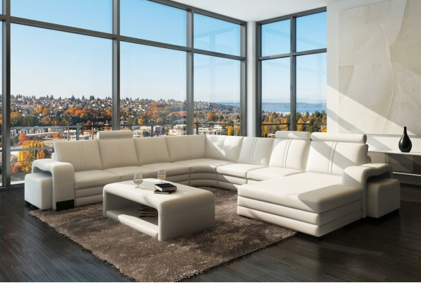Narożnikowa kanapa Kształt U + 2x Stołek + stolik kawowy Couch Design Szara Podkładka Skóra