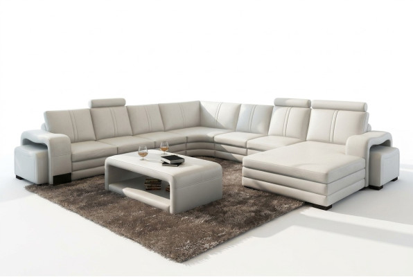 Narożnikowa kanapa Kształt U + 2x Stołek + stolik kawowy Couch Design Szara Podkładka Skóra
