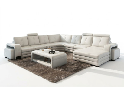 Narożnikowa kanapa Kształt U + 2x Stołek + stolik kawowy Couch Design Szara Podkładka Skóra