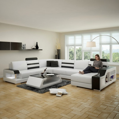Narożnikowa kanapa Żywy krajobraz Sofa w kształcie litery U - skórzana sofa Ustawić z Półką Skóra