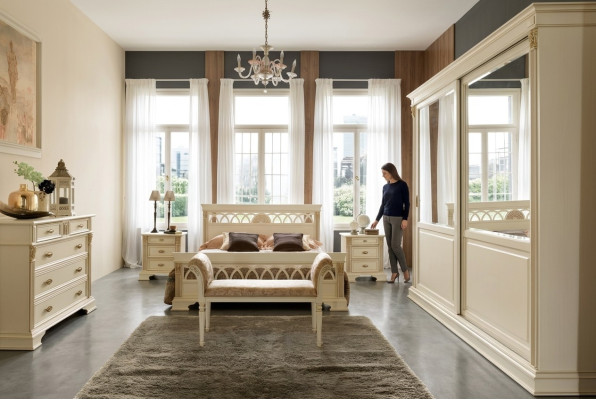 Łóżko + 2x Stolik nocny 3 szt. Zestaw Sypialnia Solidne drewno Designerska Luksusowa Sypialnia Barokowa