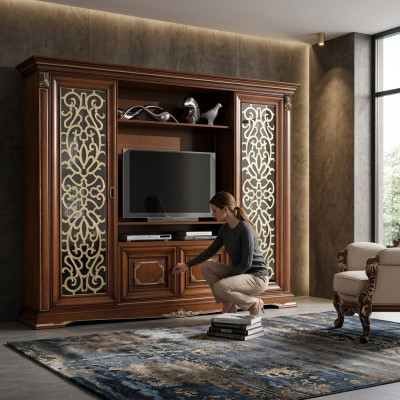 Designerska dostawka do telewizora w salonie ściana medialna Ściana TV Szafka pod TV Jednostka ścienna Solidne drewno