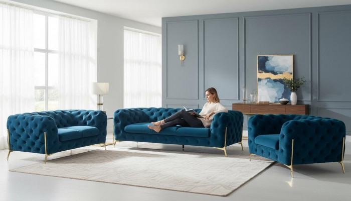 Luksusowy zestaw Chesterfield Podkładka sofowy w Aksamicie 3+2 miejsce siedzące Couch Set Ustaw