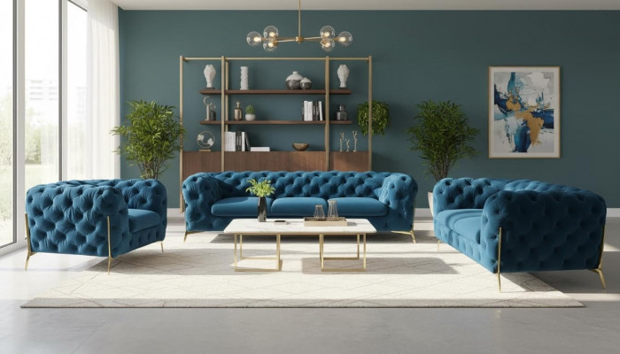 Luksusowy zestaw Chesterfield Podkładka sofowy w Aksamicie 3+2 miejsce siedzące Couch Set Ustaw