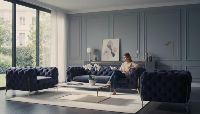 Chesterfield Couch Podkładka Siedziba Ustawić 3+1+1 miejsce siedzące Aksamit Designer Couches Nowość