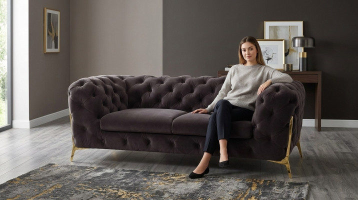 Chesterfield Aksamit Designerska Sofa 2 miejsce do siedzenia Kanapa Włókienniczy Aksamit Ustaw Gold Nogi