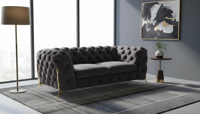 Chesterfield Aksamit Designerska Sofa 2 miejsce do siedzenia Kanapa Włókienniczy Aksamit Ustaw Gold Nogi