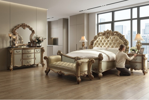 Klasyczne łóżko barokowe Chesterfield dwuosobowe w stylu rokoko Skóra Hotel Antyk