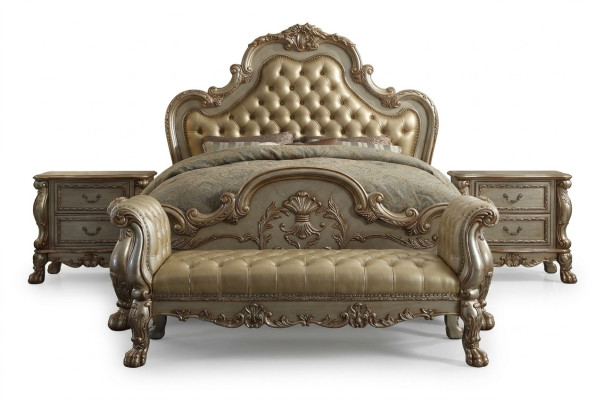 Łóżko 2x Stolik nocny 3 szt. Zestaw Sypialnia Luksusowe łóżko Chesterfield Skóra
