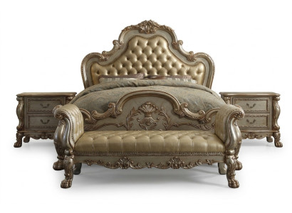 Łóżko 2x Stolik nocny 3 szt. Zestaw Sypialnia Luksusowe łóżko Chesterfield Skóra