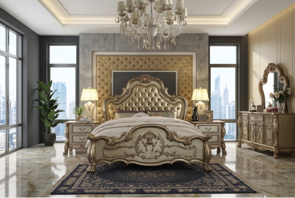 Klasyczne łóżko Barokowe Chesterfield Rokoko Hotel Double Skóra Antyk
