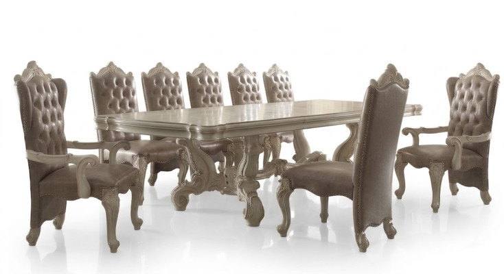 Klasyczny zestaw do jadalni w kolorze antycznej bieli Duży Stół obiadowy z krzesłami Chesterfield