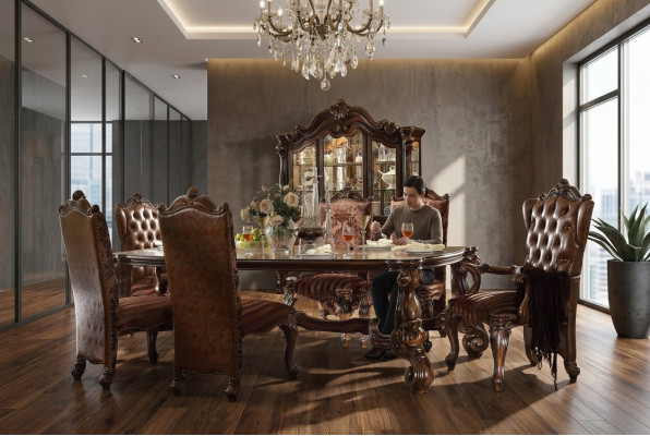 Brązowy Classic Drewno Stół obiadowy + Chesterfield x6 Krzesła zestaw do jadalni 7-częściowy. ustawić