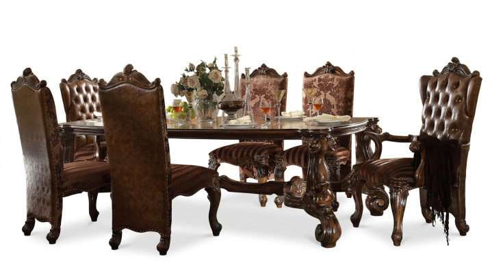 Brązowy Classic Drewno Stół obiadowy + Chesterfield x6 Krzesła zestaw do jadalni 7-częściowy. ustawić