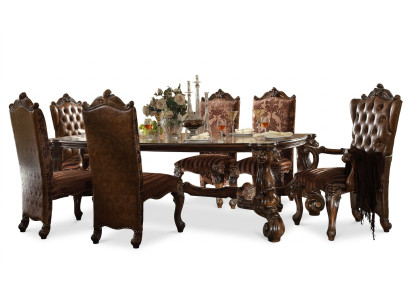 Brązowy Classic Drewno Stół obiadowy + Chesterfield x6 Krzesła zestaw do jadalni 7-częściowy. ustawić