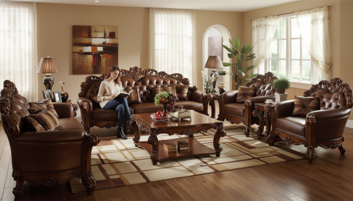 Kompletny zestaw Zestaw sofowy 5 sztuk. stolik kawowy Sofa Couch Drewno Żywy krajobraz