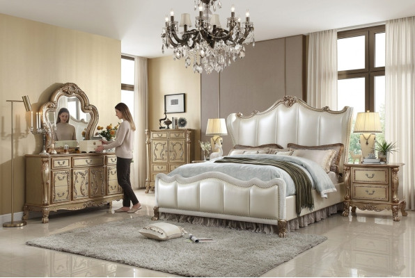 Royal Sypialnia Zestaw Łóżko + 2 Szafki nocne Skóra łóżka Dwuosobowe Hotel nowość
