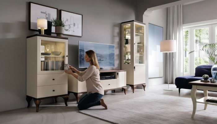 Design Galota Szkło Szafa Witryny do salonu Półka Kredens Drewno