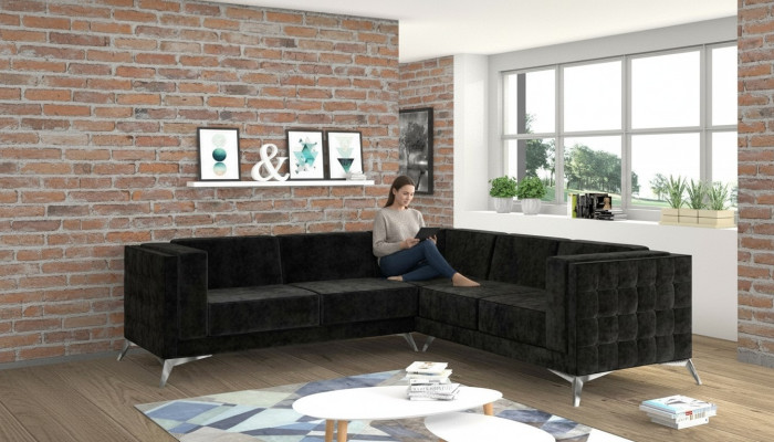 Black Aksamit Design Narożnikowa kanapa Chesterfield Sofa Couch Żywy krajobraz Materiał Siedziba