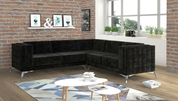 Black Aksamit Design Narożnikowa kanapa Chesterfield Sofa Couch Żywy krajobraz Materiał Siedziba