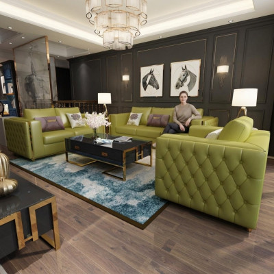 Żywy krajobraz Zestaw sofowy 3+2+1 miejsce do siedzenia Skórzana sofa kanapa Ustawić Chesterfield