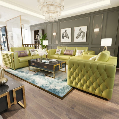Żywy krajobraz Zestaw sofowy 3+2+1 miejsce do siedzenia Skórzana sofa kanapa Ustawić Chesterfield