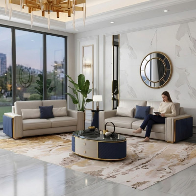 Nowoczesne sofy Sofa skórzana Sofa Żywy krajobraz Sofa Siedziba Zestaw sofowy 3+2 Design