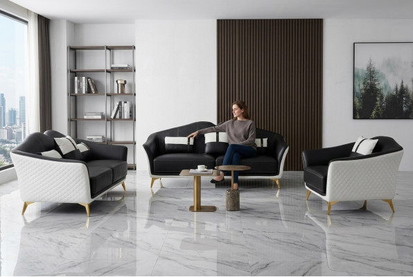 Czarny Zestaw sofowy 3+2+1 Zestaw Żywy krajobraz Sofa Kanapa Ustawić Sofę Skórzaną Nowość