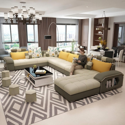 Narożnik Narożnikowa kanapa Kształt U Żywy krajobraz Sofa Couch Ustawić Podkładkę Materiał Sofy Skóra