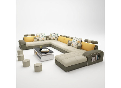 Narożnik Narożnikowa kanapa Kształt U Żywy krajobraz Sofa Couch Ustawić Podkładkę Materiał Sofy Skóra