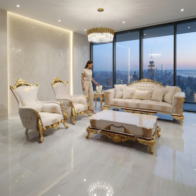 Zestaw sofowy 3+1+1 miejsce do siedzenia Zestaw do salonu Kompletny Włókienniczy Sofa Fotel Drewno Nowy