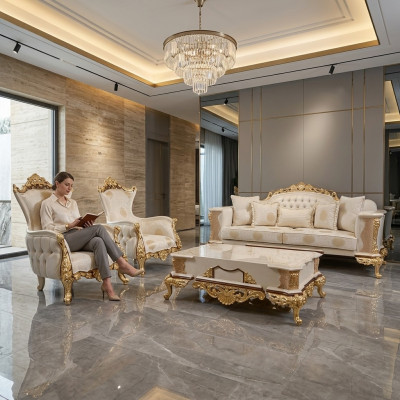 Zestaw sofowy 3+1 miejsce do siedzenia Zestaw wypoczynkowy Kompletny Włókienniczy Drewno Salon Luksusowa Sofa Nowość