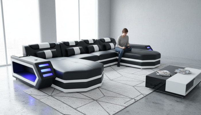 Sofa skórzana Sofa Nowoczesna Podkładka Skóra Żywy krajobraz Design Narożnikowa kanapa Couch Materiał