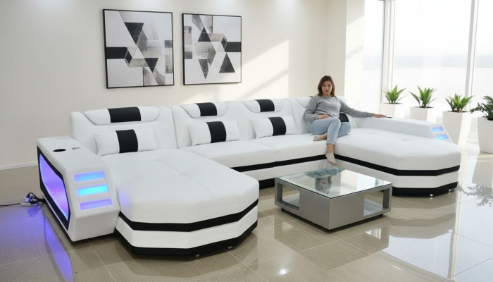 Sofa skórzana Sofa Nowoczesna Podkładka Skóra Żywy krajobraz Design Narożnikowa kanapa Couch Biały