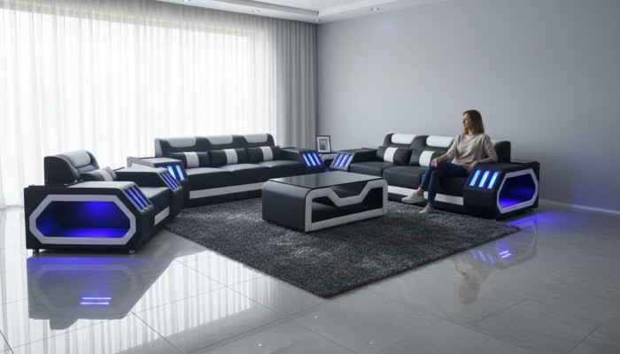 Zestaw sofowy Zestaw Sofowy 3+2+1 + Tabela Skórzana Sofa Siedziba Podświetlana Podkładka Design
