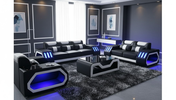 Zestaw sofowy Zestaw Sofowy 3+2+1 + Tabela Skórzana Sofa Siedziba Podświetlana Podkładka Design