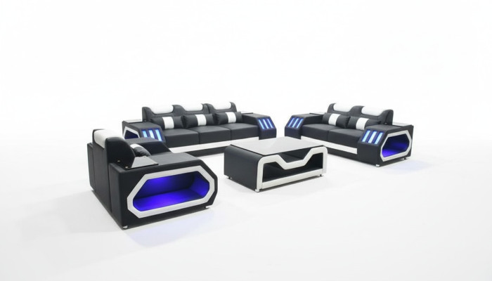 Zestaw sofowy Zestaw Sofowy 3+2+1 + Tabela Skórzana Sofa Siedziba Podświetlana Podkładka Design