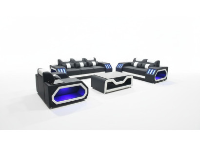 Zestaw sofowy Zestaw Sofowy 3+2+1 + Tabela Skórzana Sofa Siedziba Podświetlana Podkładka Design