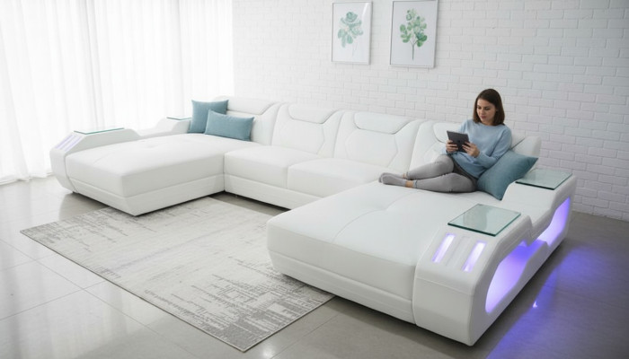 Skóra Narożnikowa kanapa Sofa w kształcie litery U Nowoczesna sofa Narożnikowa kanapa Miękki projekt salonu