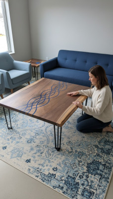 Rzeka stoły Stół obiadowy Design Tabela Modern Sea Meble 100x100 Żywica Epoksydowa Ocean