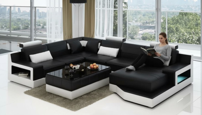 Skórzana sofa Narożnikowa kanapa UForm Żywy krajobraz Sofa designerska Nowoczesne sofy stolik kawowy