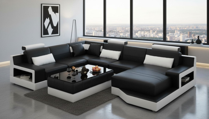 Skórzana sofa Narożnikowa kanapa UForm Żywy krajobraz Sofa designerska Nowoczesne sofy stolik kawowy