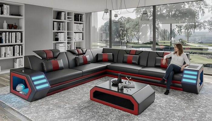 Projekt narożnika do salonu Narożnikowa kanapa Meble skórzana tapicerka kanapa sofa w kształcie litery L + stolik