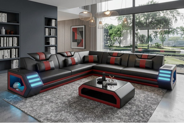 Projekt narożnika do salonu Narożnikowa kanapa Meble skórzana tapicerka kanapa sofa w kształcie litery L + stolik