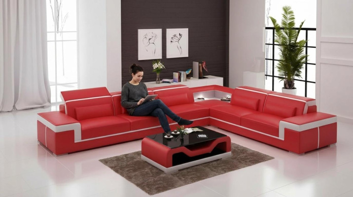 Projekt Salonu Narożnikowa kanapa Meble Narożnik Skórzana Kanapa Tapicerowana Sofa L Kształt + Tabela