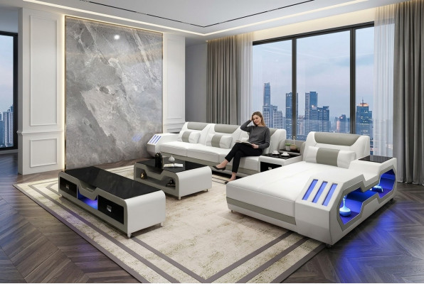 Skórzana Sofa Podświetlana Led Designerska Narożnik Podkładka Zestaw narożny Sofa 2-częściowa
