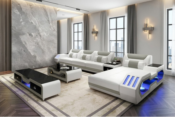 Skórzana Sofa Podświetlana Led Designerska Narożnik Podkładka Zestaw narożny Sofa 2-częściowa