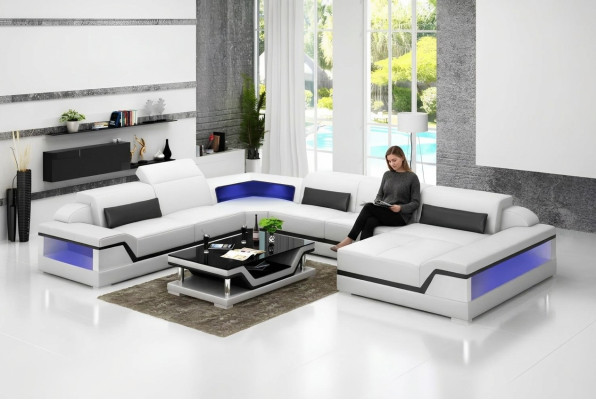 Skórzana sofa Narożnikowa kanapa Kształt U Nowoczesna sofa Żywy krajobraz Skórzana kanapa